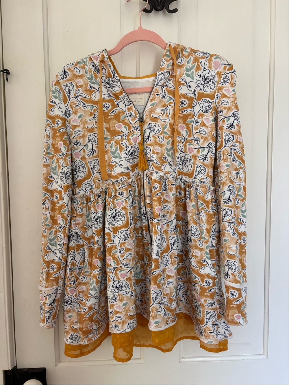 Evy’s Tree Floral Mustard Peasant Zipper Jacket Top with Tassel Tie The Sophie -